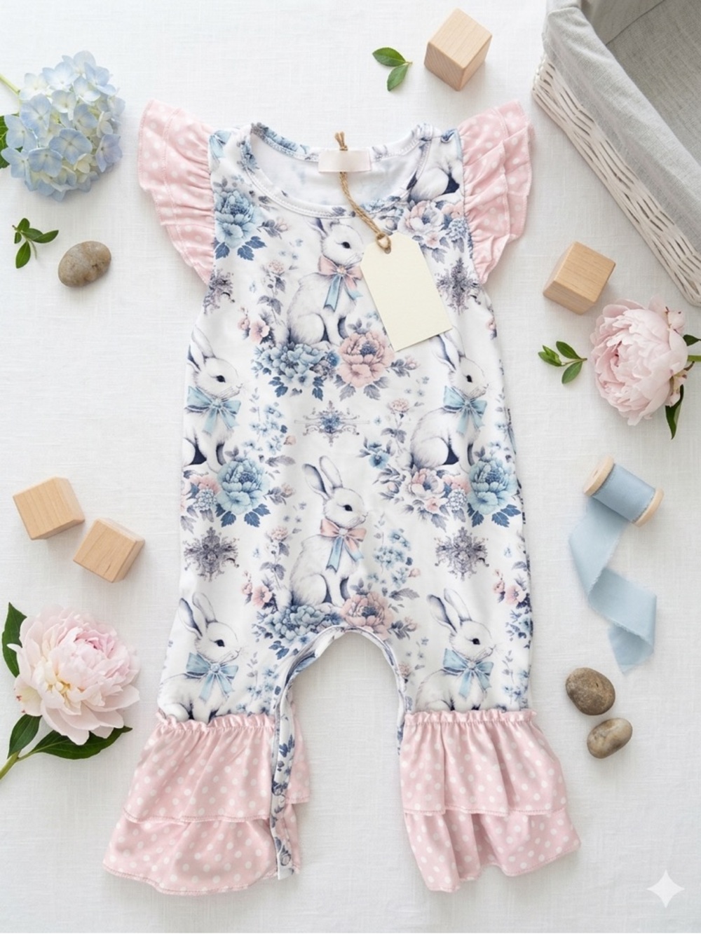 Girls Pink Floral Bunny One-Piece Jumper